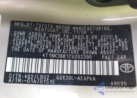 2007 Toyota Avalon Limited z USA, uszkodzony, nr VIN 4T1BK36B17U202390